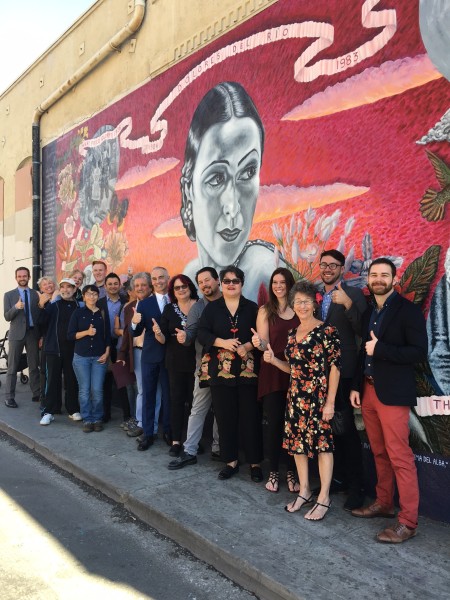 Artist, Alfredo de Batuc, along with SPARC Founder, Judy Baca and the SPARC team join Councilmember Mitch O'Farrell and his team in front of the fully restored Dolores del Rio!