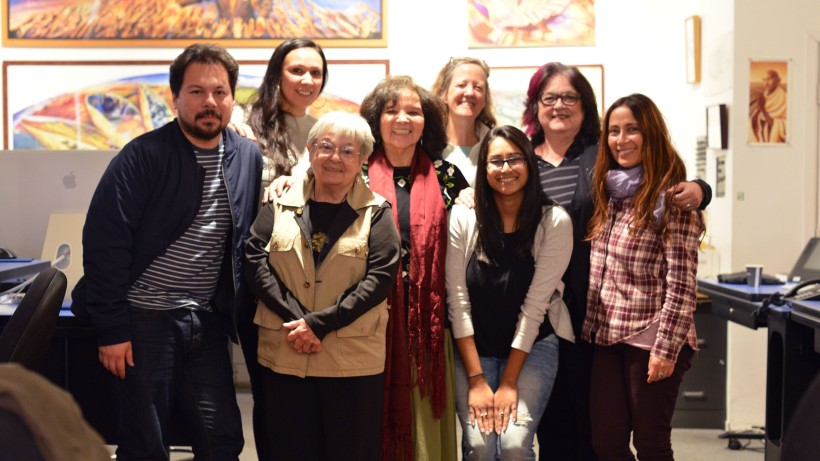 (Left to right) SPARC Project Manager Carlos Rogel, Rayven Armijo, Kay Brown, Martha Ramirez-Oropeza, Mary-Linn Hughes, SPARC Arts Education Coordinator Davida Persaud, SPARC Founder/Artistic Director Judy Baca, and Jacqueline Fuentes. (Not photographed: Silvia Rodriguez)